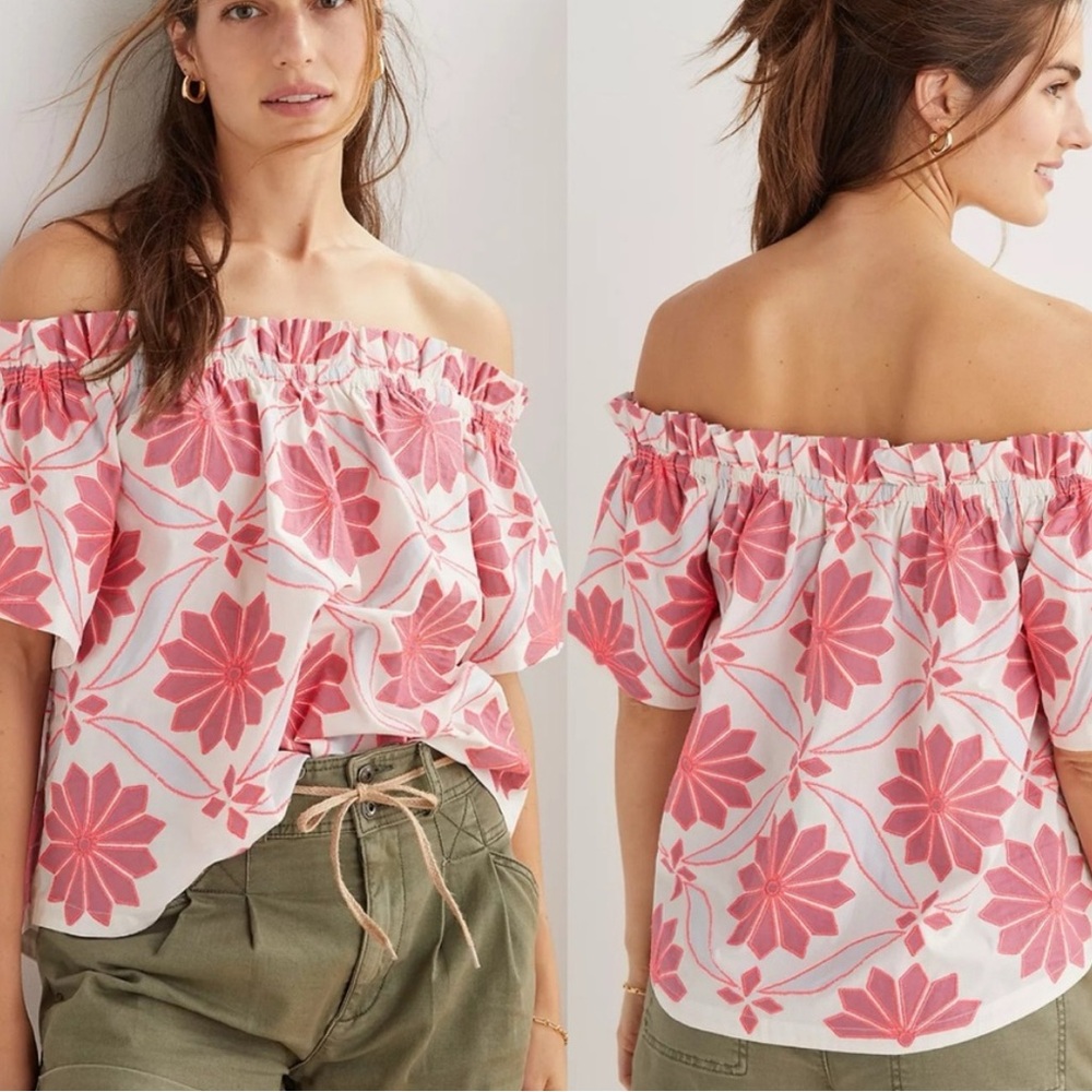 Anthropologie-Maeve-Floral Off-Shoulder Top in Pink and White
